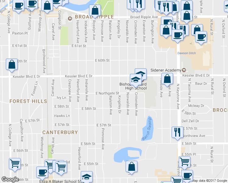 map of restaurants, bars, coffee shops, grocery stores, and more near 5855 Ralston Avenue in Indianapolis