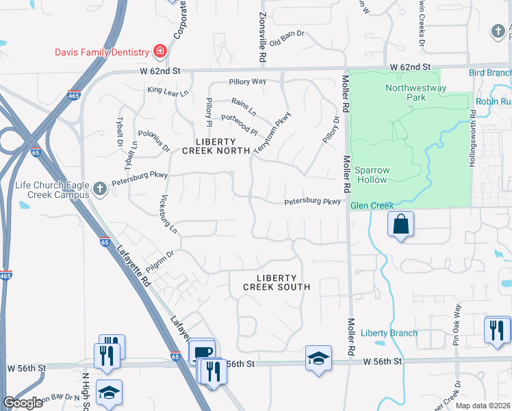 map of restaurants, bars, coffee shops, grocery stores, and more near 5937 Terrytown Parkway in Indianapolis