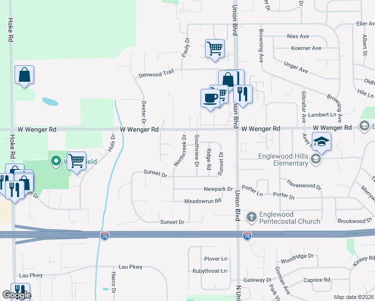 map of restaurants, bars, coffee shops, grocery stores, and more near 2012 Northcreek Drive in Englewood