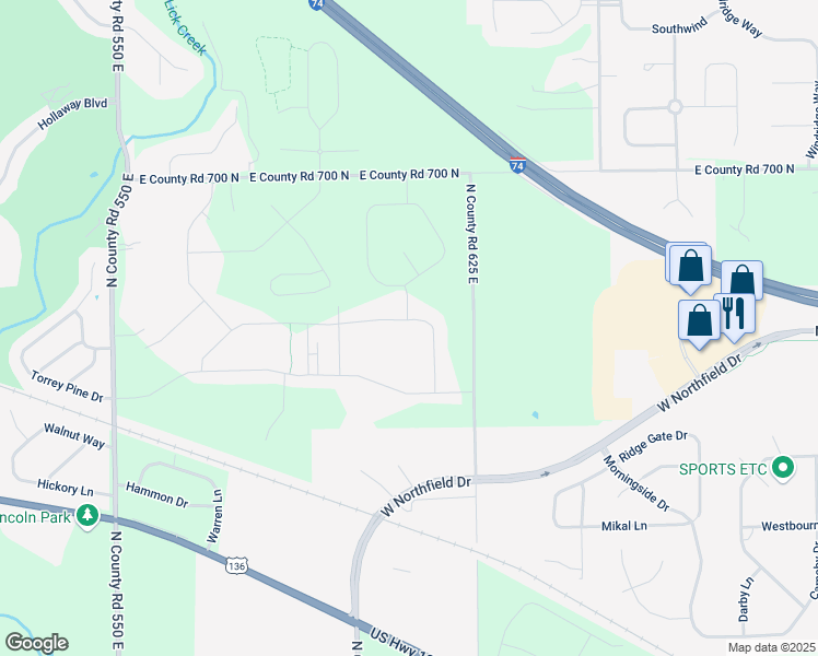 map of restaurants, bars, coffee shops, grocery stores, and more near 6050 Walkabout Way in Brownsburg