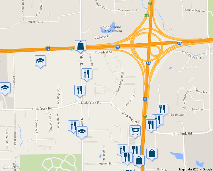 map of restaurants, bars, coffee shops, grocery stores, and more near 3743 Whisper Creek Drive in Dayton