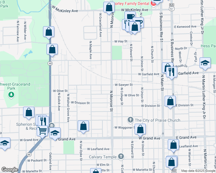 map of restaurants, bars, coffee shops, grocery stores, and more near 621 West Sawyer Street in Decatur