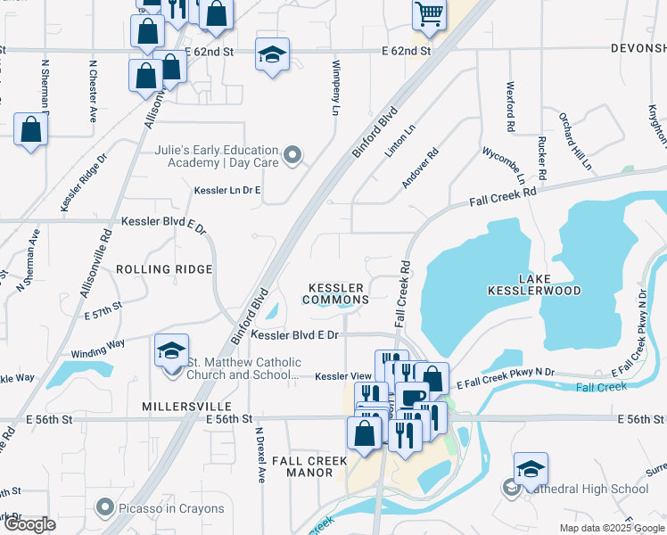 map of restaurants, bars, coffee shops, grocery stores, and more near 5838 Gloucester Circle in Indianapolis