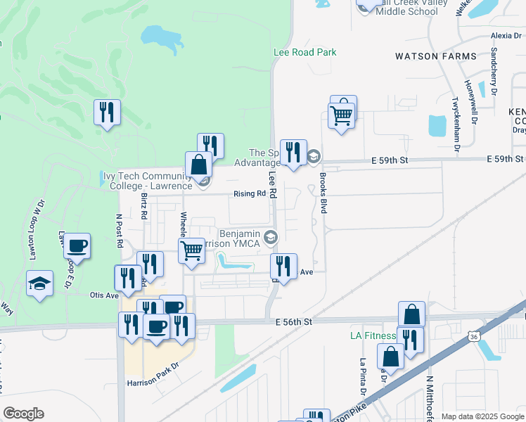 map of restaurants, bars, coffee shops, grocery stores, and more near 5810 Lee Road in Indianapolis