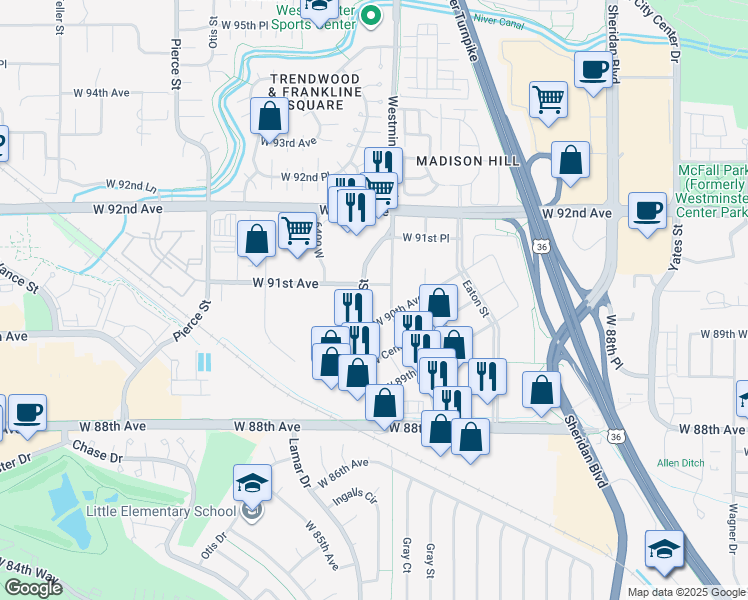 map of restaurants, bars, coffee shops, grocery stores, and more near 9090 Harlan Street in Westminster