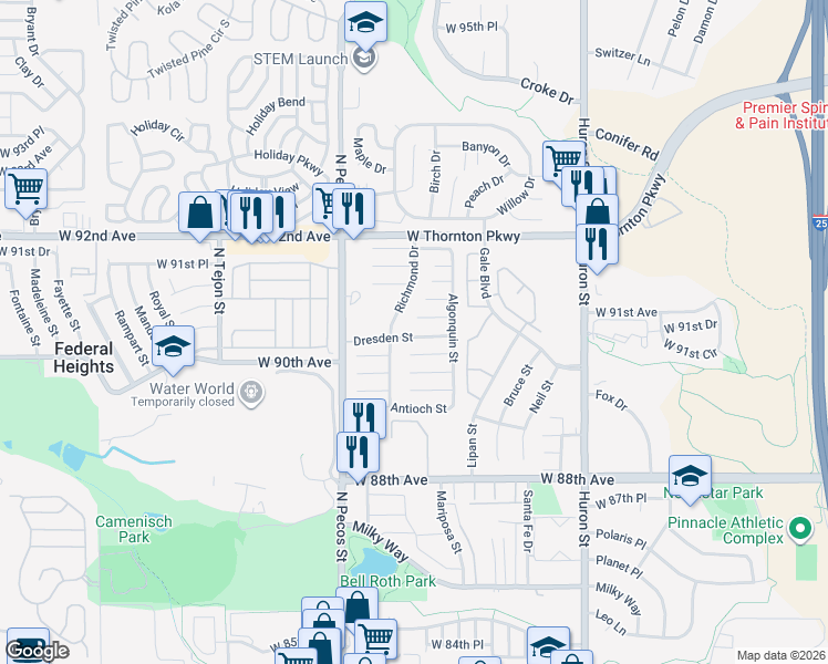 map of restaurants, bars, coffee shops, grocery stores, and more near 277 Dresden Street in Thornton