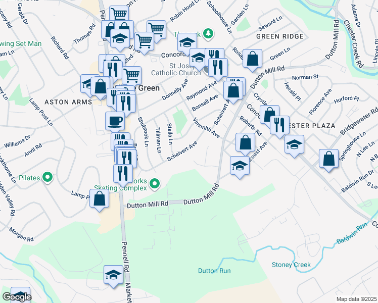 map of restaurants, bars, coffee shops, grocery stores, and more near 222 Scheivert Avenue in Aston