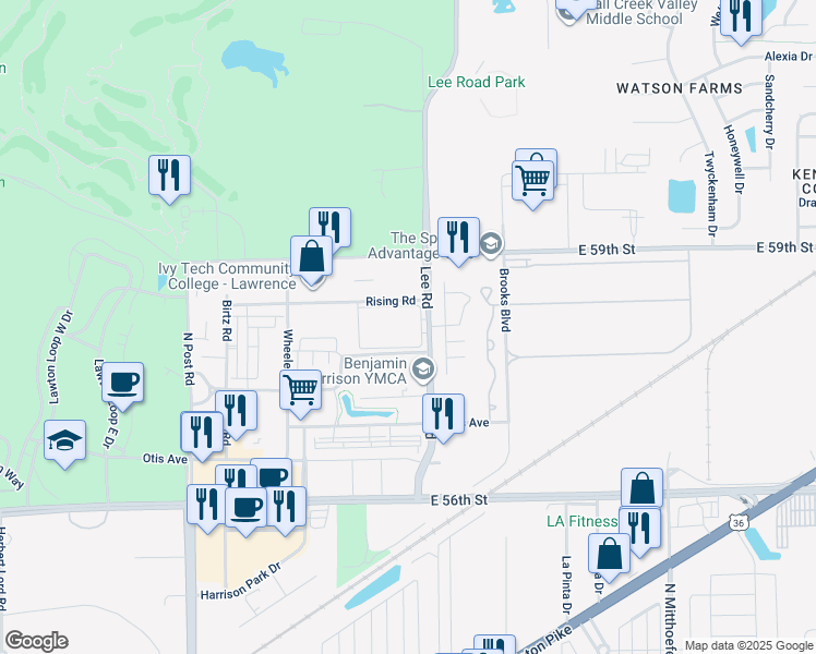 map of restaurants, bars, coffee shops, grocery stores, and more near 9405 General Way in Indianapolis