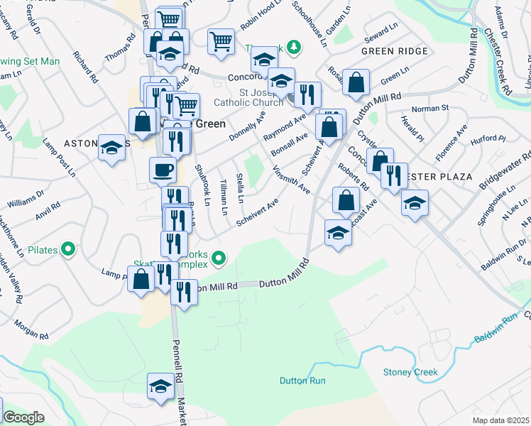 map of restaurants, bars, coffee shops, grocery stores, and more near 222 Scheivert Avenue in Aston
