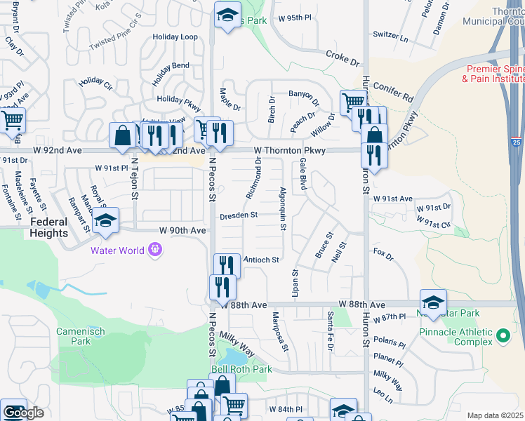 map of restaurants, bars, coffee shops, grocery stores, and more near 277 Dresden Street in Thornton