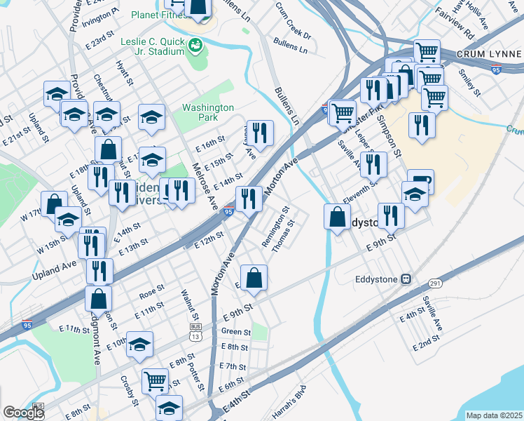 map of restaurants, bars, coffee shops, grocery stores, and more near 1120 Brown Street in Chester