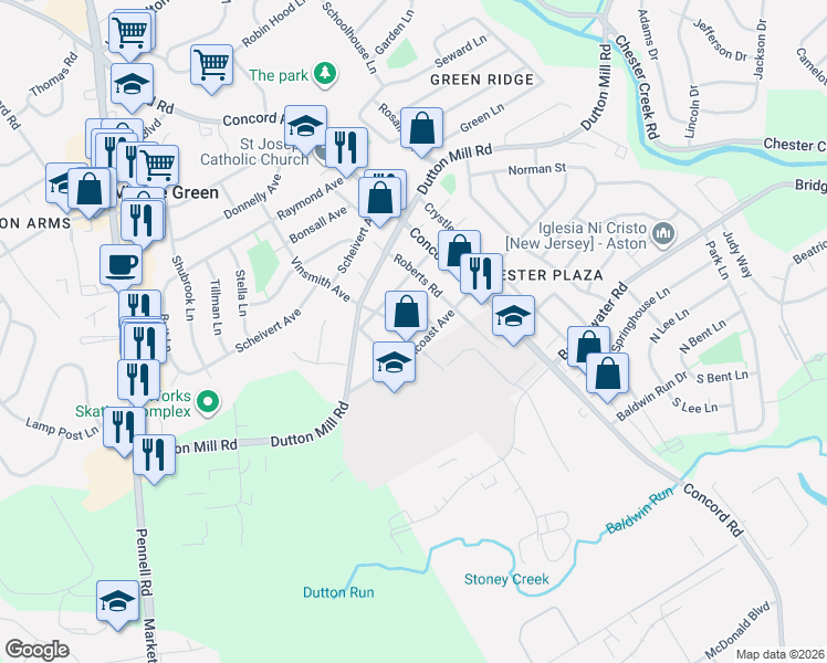 map of restaurants, bars, coffee shops, grocery stores, and more near 102 Pancoast Avenue in Aston