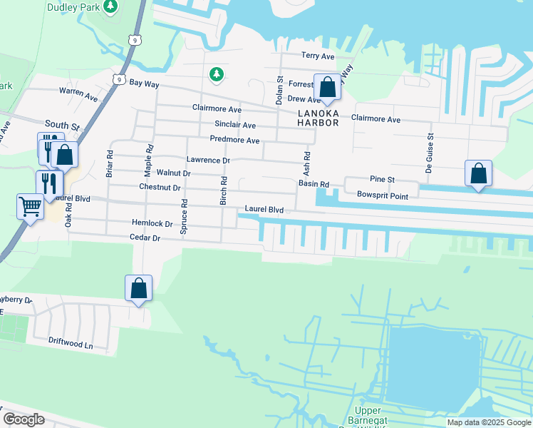 map of restaurants, bars, coffee shops, grocery stores, and more near 428 Laurel Boulevard in Lacey Township