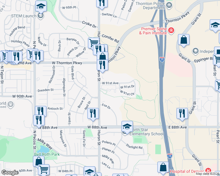 map of restaurants, bars, coffee shops, grocery stores, and more near 700 West 91st Avenue in Thornton