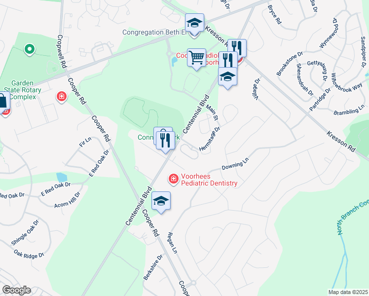 map of restaurants, bars, coffee shops, grocery stores, and more near 1104 Chelsea Court in Voorhees Township