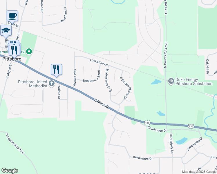 map of restaurants, bars, coffee shops, grocery stores, and more near 193 Brixton Woods Drive West in Pittsboro