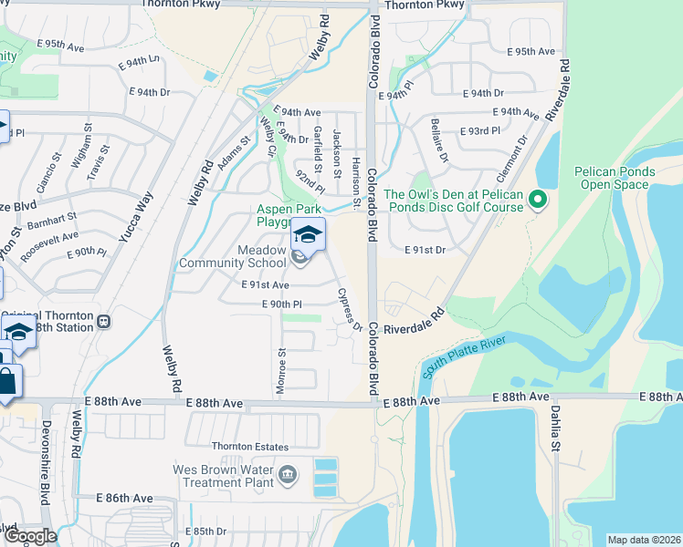 map of restaurants, bars, coffee shops, grocery stores, and more near 3701 East 91st Avenue in Thornton