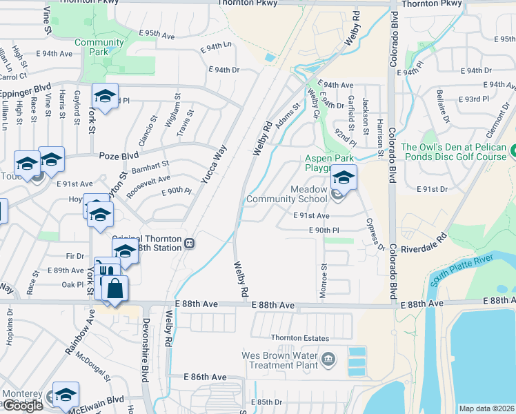 map of restaurants, bars, coffee shops, grocery stores, and more near 9075 Aspen Drive in Thornton