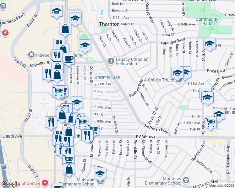 map of restaurants, bars, coffee shops, grocery stores, and more near 1221 Elm Place in Thornton