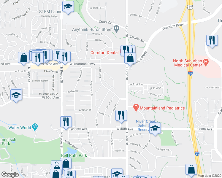 map of restaurants, bars, coffee shops, grocery stores, and more near 9102 Gale Boulevard in Thornton