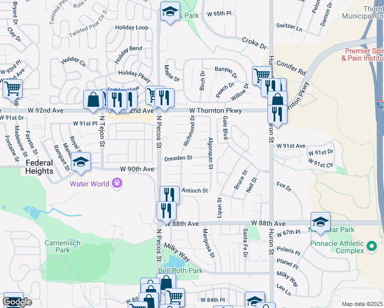 map of restaurants, bars, coffee shops, grocery stores, and more near 277 Dresden Street in Thornton