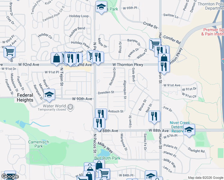 map of restaurants, bars, coffee shops, grocery stores, and more near 277 Dresden Street in Thornton