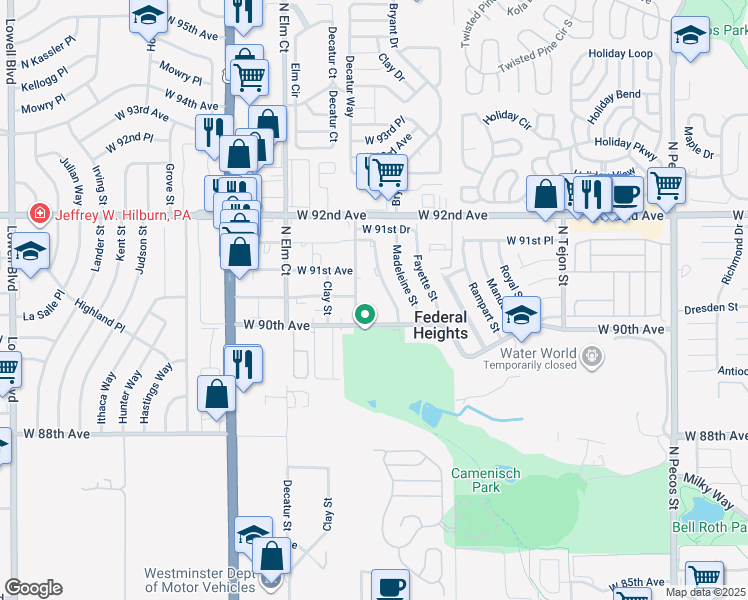 map of restaurants, bars, coffee shops, grocery stores, and more near 9080 North Camenisch Way in Denver