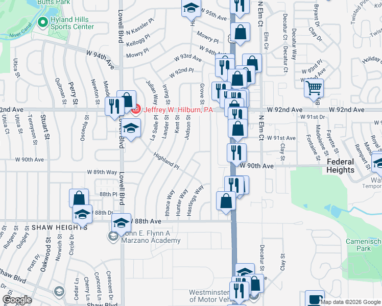 map of restaurants, bars, coffee shops, grocery stores, and more near 9069 Ithaca Way in Westminster