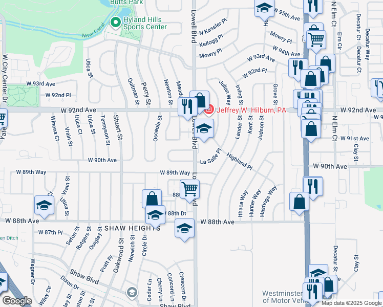 map of restaurants, bars, coffee shops, grocery stores, and more near 3603 West 90th Place in Westminster
