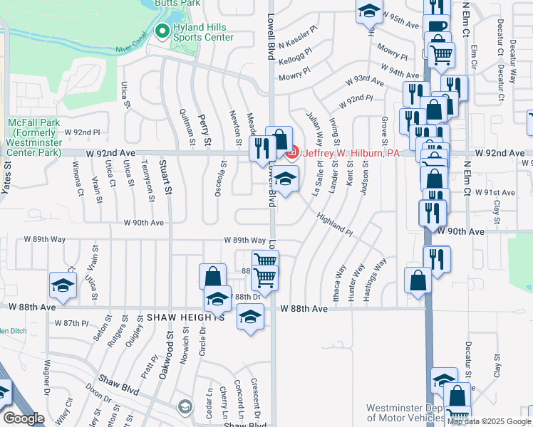 map of restaurants, bars, coffee shops, grocery stores, and more near 3603 West 90th Place in Westminster