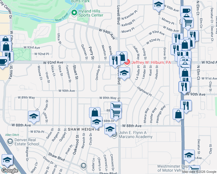 map of restaurants, bars, coffee shops, grocery stores, and more near 3643 West 90th Place in Westminster
