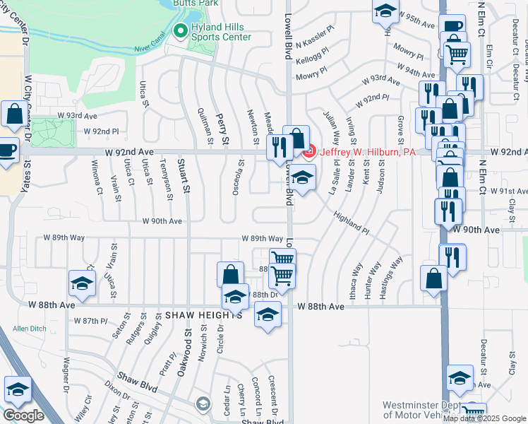 map of restaurants, bars, coffee shops, grocery stores, and more near 3643 West 90th Place in Westminster