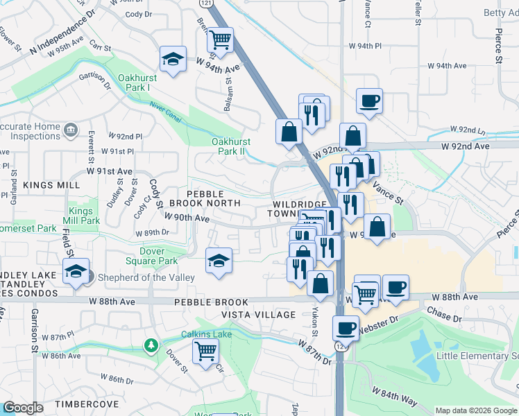map of restaurants, bars, coffee shops, grocery stores, and more near 8015 West 90th Drive in Westminster