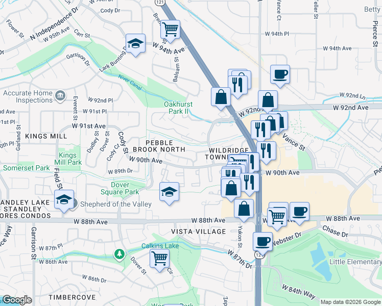 map of restaurants, bars, coffee shops, grocery stores, and more near 8015 West 90th Drive in Westminster