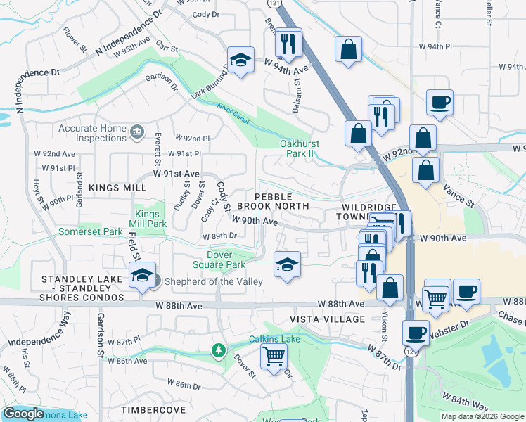 map of restaurants, bars, coffee shops, grocery stores, and more near 8305 West 90th Place in Broomfield