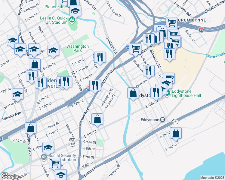 map of restaurants, bars, coffee shops, grocery stores, and more near 1104 Vauclain Street in Chester