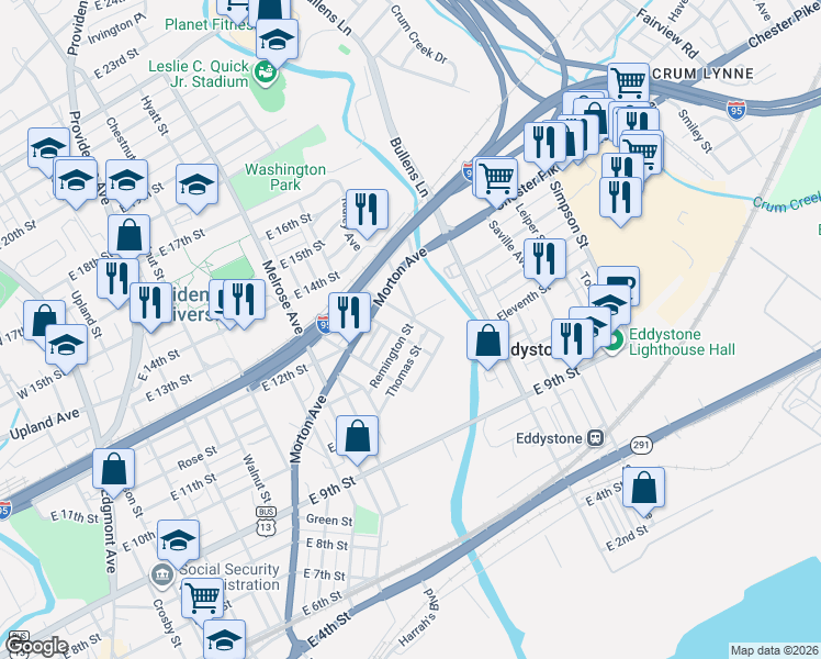 map of restaurants, bars, coffee shops, grocery stores, and more near 1104 Vauclain Street in Chester