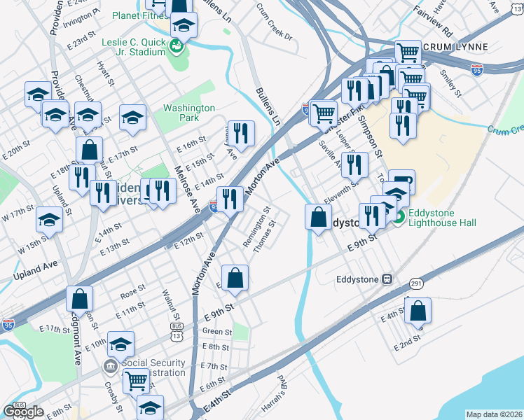 map of restaurants, bars, coffee shops, grocery stores, and more near 1104 Vauclain Street in Chester