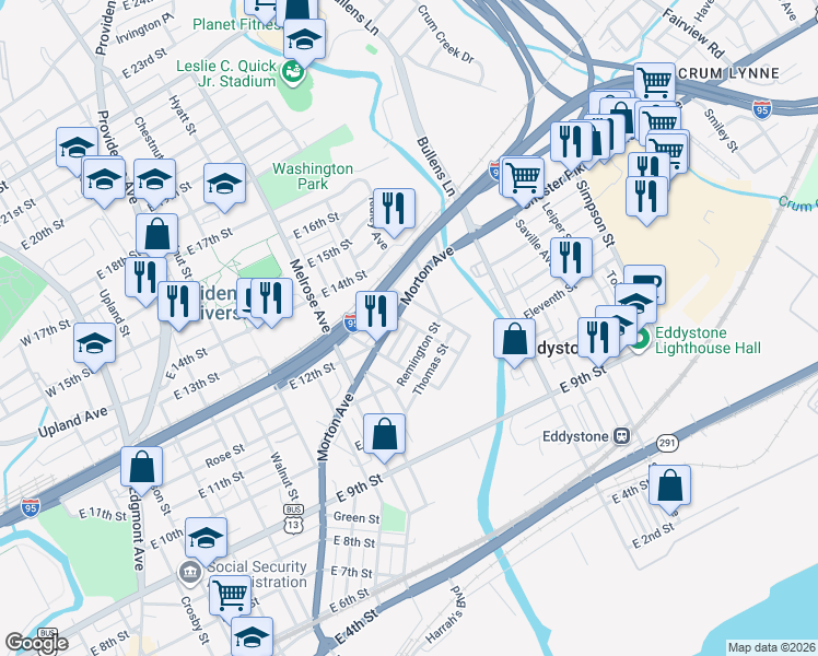 map of restaurants, bars, coffee shops, grocery stores, and more near 1104 Vauclain Street in Chester