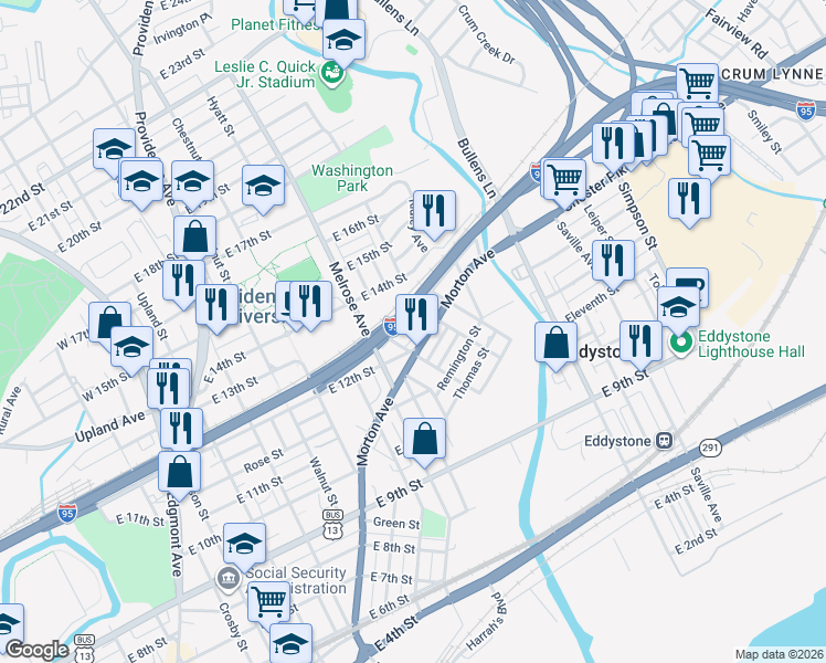 map of restaurants, bars, coffee shops, grocery stores, and more near 1128 Morton Avenue in Chester