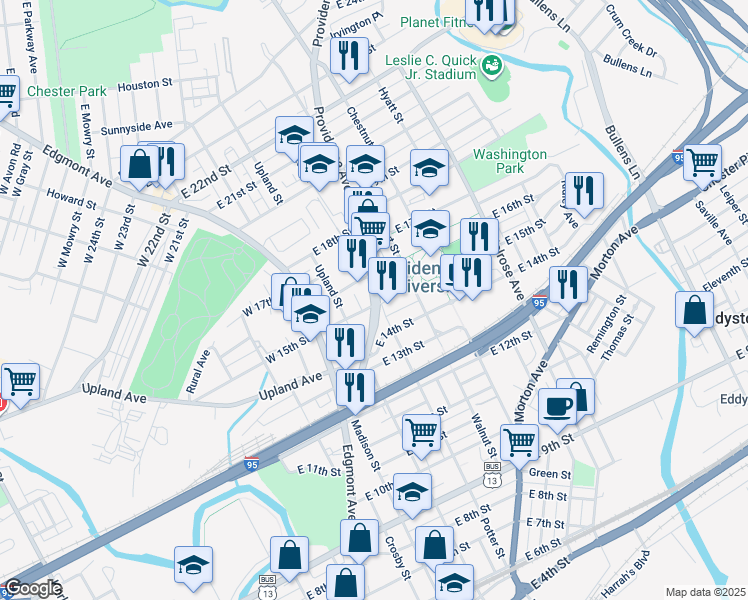 map of restaurants, bars, coffee shops, grocery stores, and more near 1501 Providence Avenue in Chester