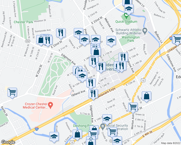 map of restaurants, bars, coffee shops, grocery stores, and more near 1602 Upland Street in Chester