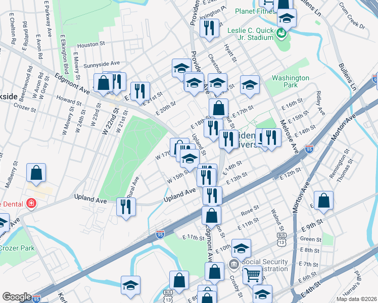 map of restaurants, bars, coffee shops, grocery stores, and more near 1621 Edgmont Avenue in Chester