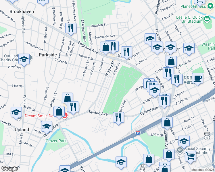 map of restaurants, bars, coffee shops, grocery stores, and more near 31 West 21st Street in Chester