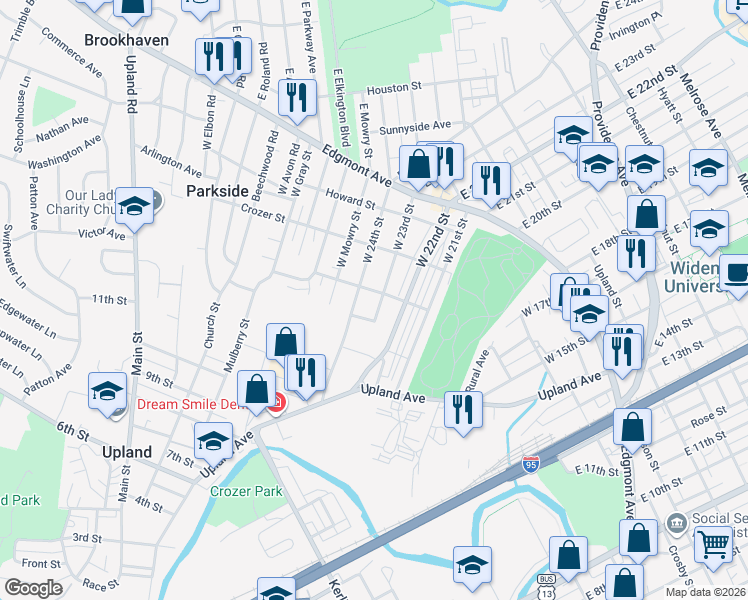 map of restaurants, bars, coffee shops, grocery stores, and more near 301 West 24th Street in Chester