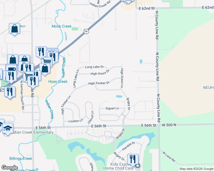 map of restaurants, bars, coffee shops, grocery stores, and more near 11548 High Timber Drive in Indianapolis