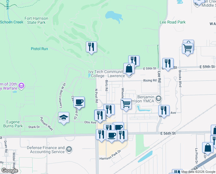 map of restaurants, bars, coffee shops, grocery stores, and more near 5837 Birtz Road in Indianapolis