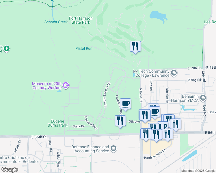 map of restaurants, bars, coffee shops, grocery stores, and more near 5804 Lawton Loop West Drive in Indianapolis
