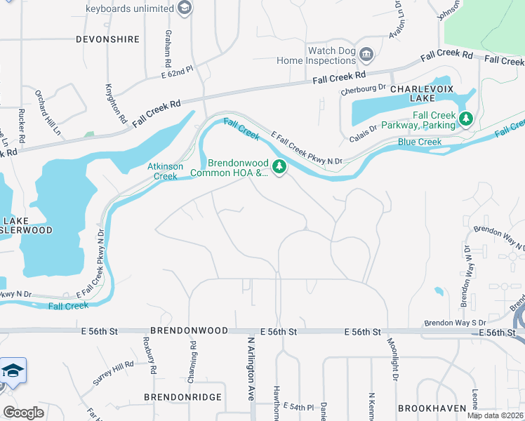 map of restaurants, bars, coffee shops, grocery stores, and more near 5865 High Fall Road in Indianapolis