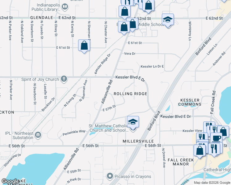 map of restaurants, bars, coffee shops, grocery stores, and more near 3920 East 58th Street in Indianapolis